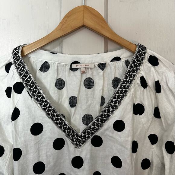 Skies are Blue Womens Blouse L Boho Embroidered Polka Dot V Neck Balloon Sleeve - Picture 5 of 7